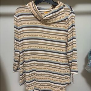 NWT Ruby Rd medium Cream and Tan Cowl Neck Sweater with Stripes